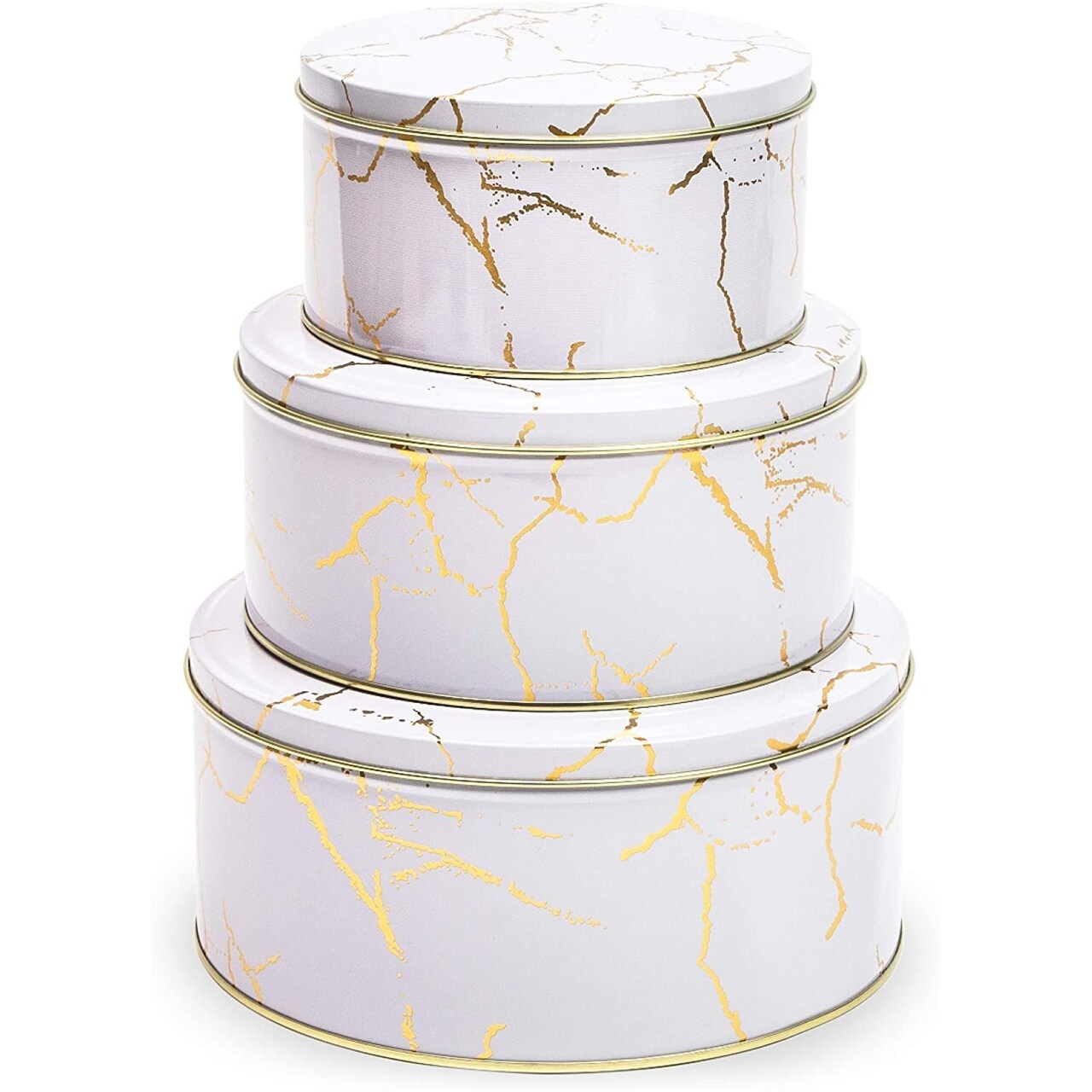 Set of 3 Marbled Round Nesting Tins with Lids, Circular Metal Kitchen  Storage Containers for Cookies, Candy, Popcorn, Cupcakes, Biscotti, and  Treats in 3 Sizes (White and Gold)